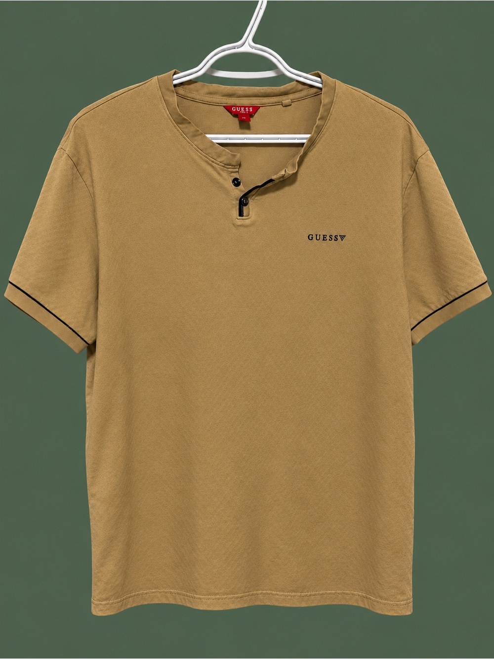 GUESS Men's Tan Henley Polo with Black Trim